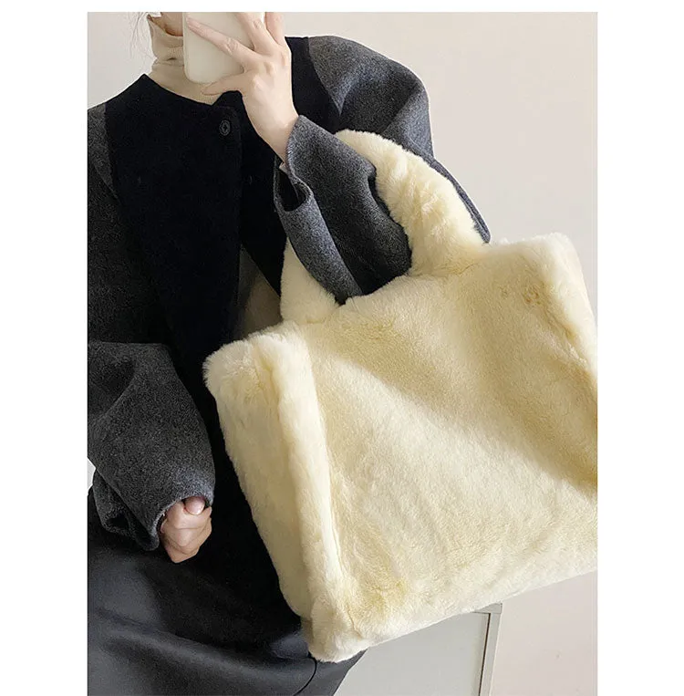 Nori Furry Plushy Tote Beige Handbag