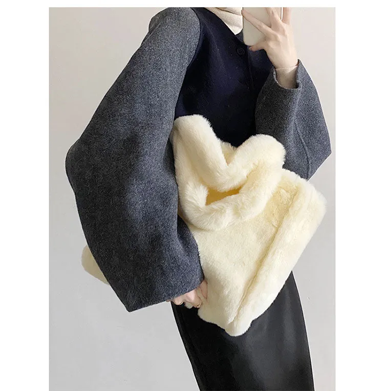 Nori Furry Plushy Tote Beige Handbag