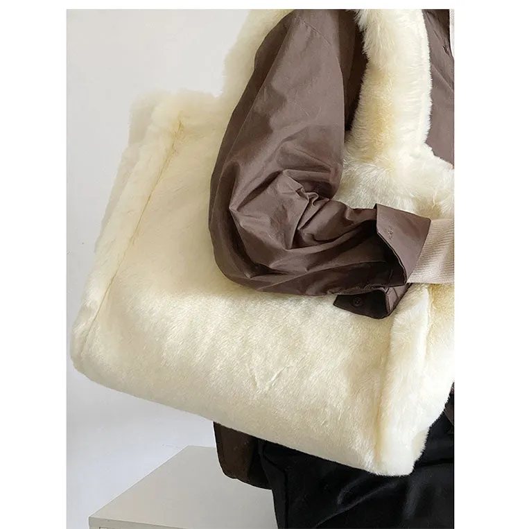 Nori Furry Plushy Tote Beige Handbag