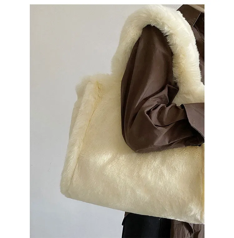 Nori Furry Plushy Tote Beige Handbag
