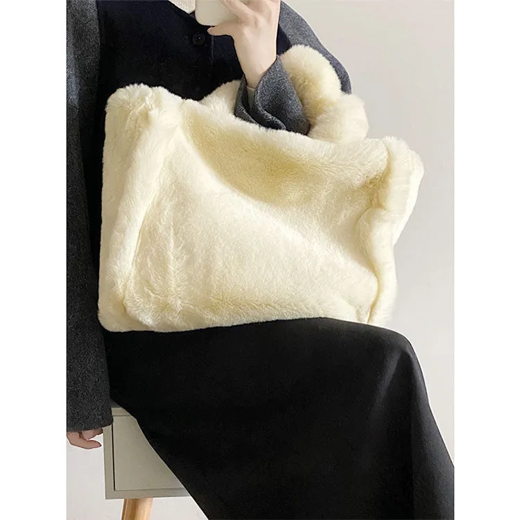 Nori Furry Plushy Tote Beige Handbag