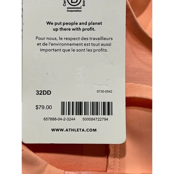 NWT ATHLETA Advance Zip Front Bra Sz 32DD Peach Orange