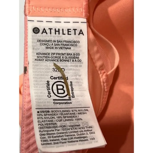 NWT ATHLETA Advance Zip Front Bra Sz 32DD Peach Orange