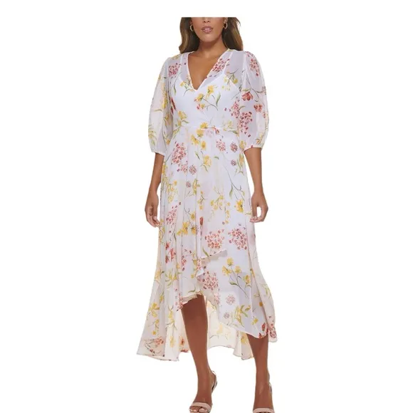 NWT Calvin Klein White Floral Midi Dress Womens Size 10