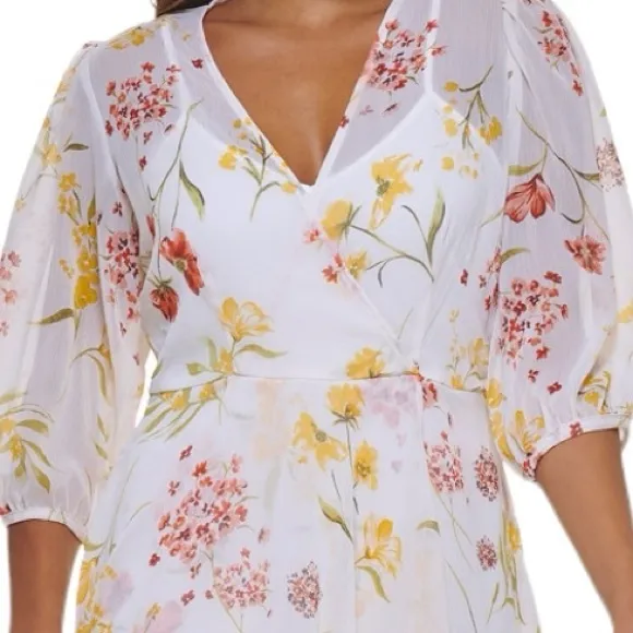 NWT Calvin Klein White Floral Midi Dress Womens Size 10