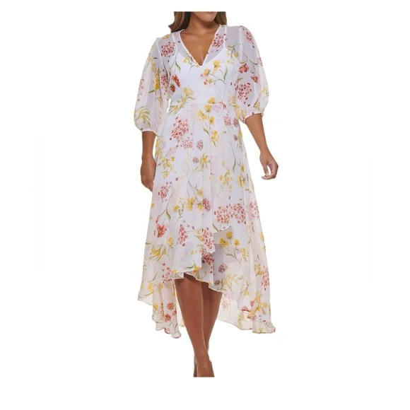 NWT Calvin Klein White Floral Midi Dress Womens Size 10