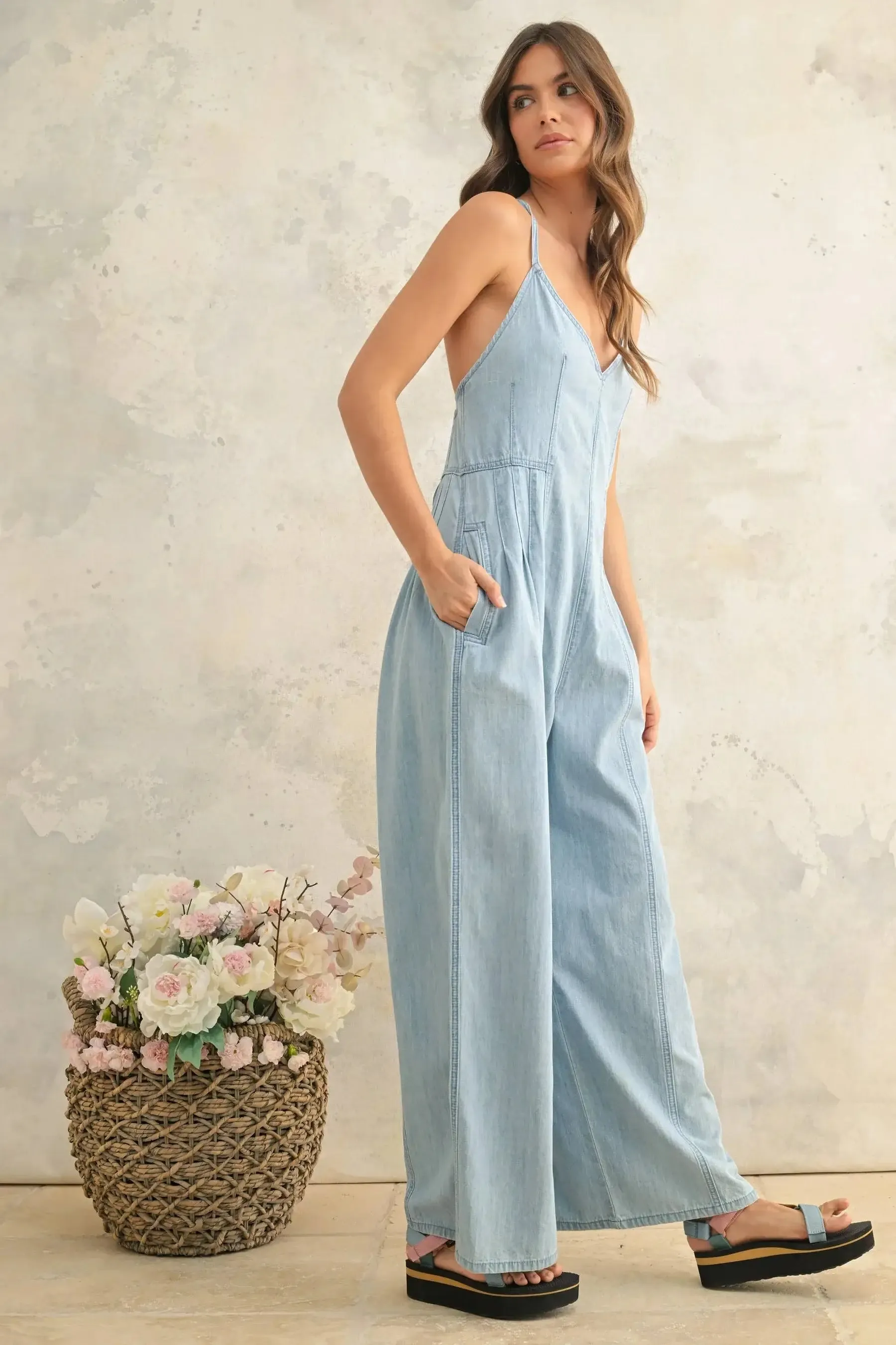 OPEN BACK DENIM JUMPSUIT