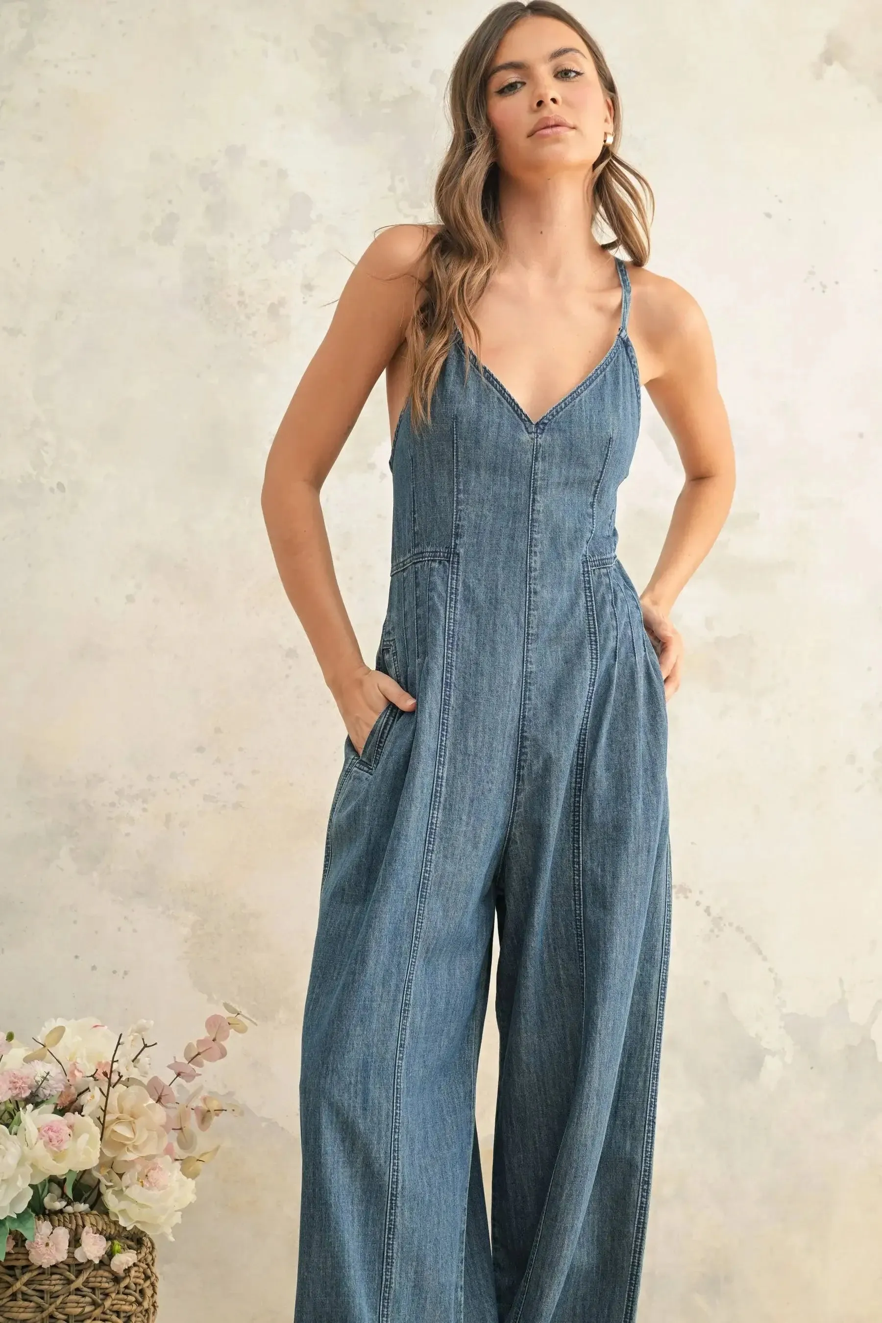 OPEN BACK DENIM JUMPSUIT