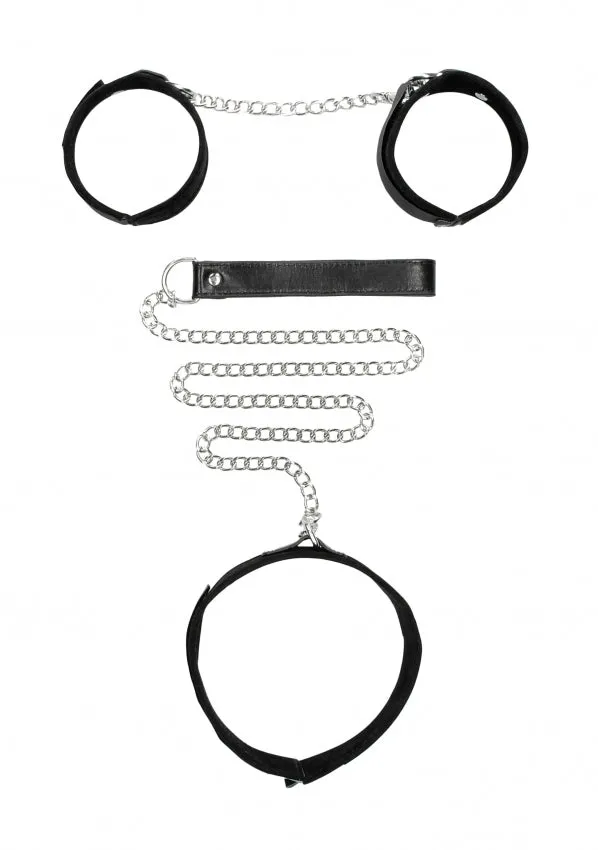 Ouch Black & White Velcro Collar with Leash and Wrist Cuffs