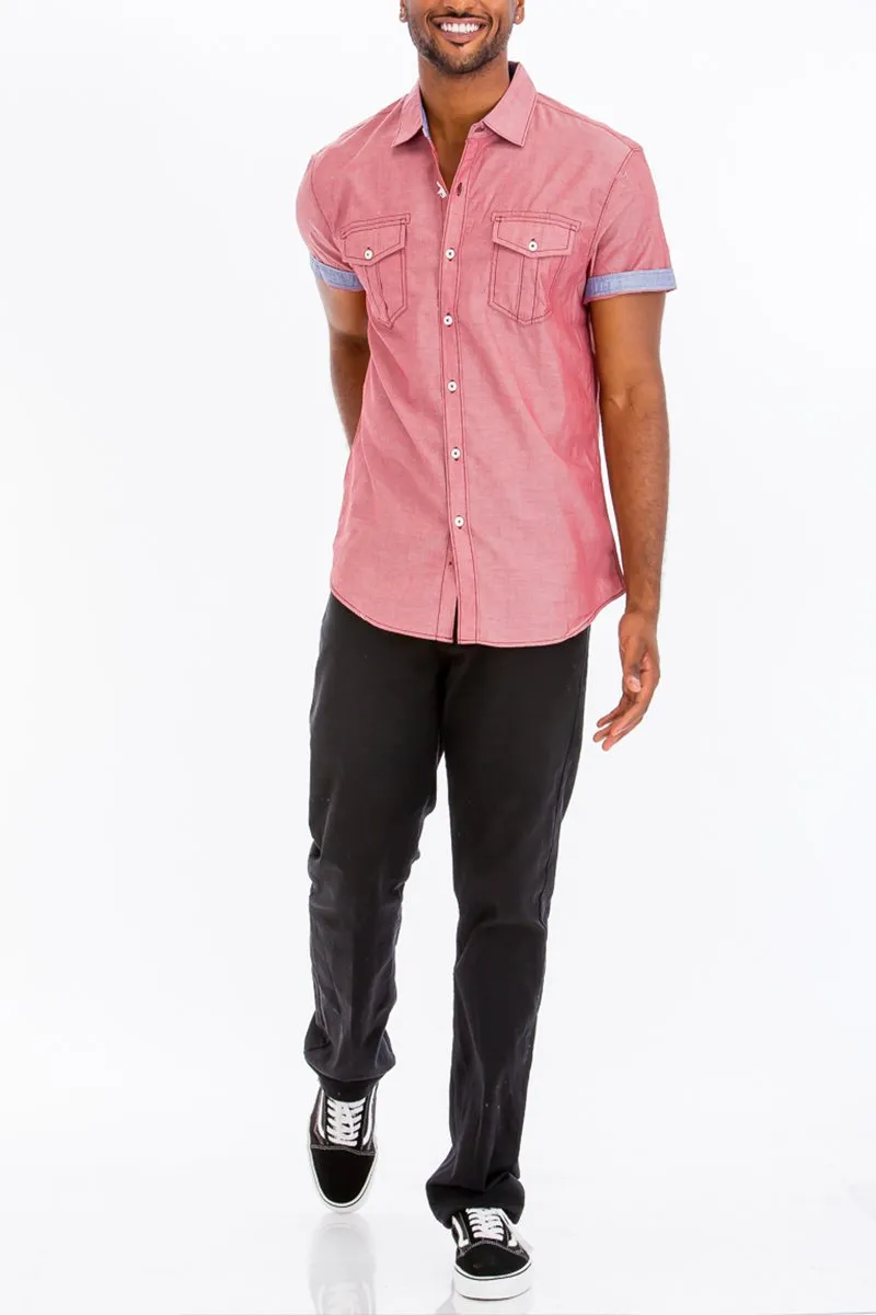 OUTLINE STITCH SHORT SLEEVE BUTTON DOWN SHIRT