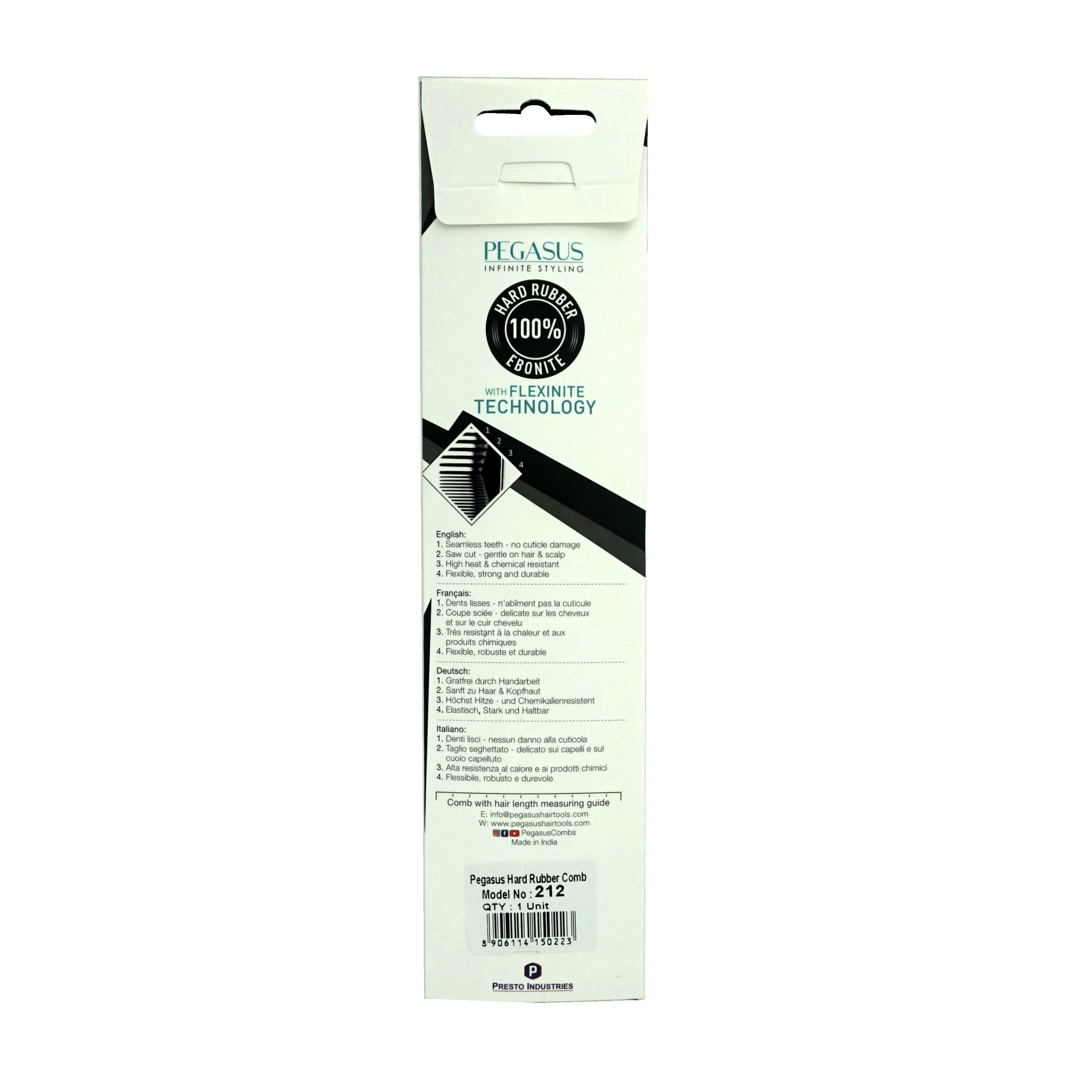 Pegasus 212, 8.25in Hard Rubber Styling Comb with Extra Course and Fine Teeth, Smooth Edges, Anti Static, Heat and Chemically Resistant, Wet Hair, Everyday Grooming Comb | Peines de goma dura - Black