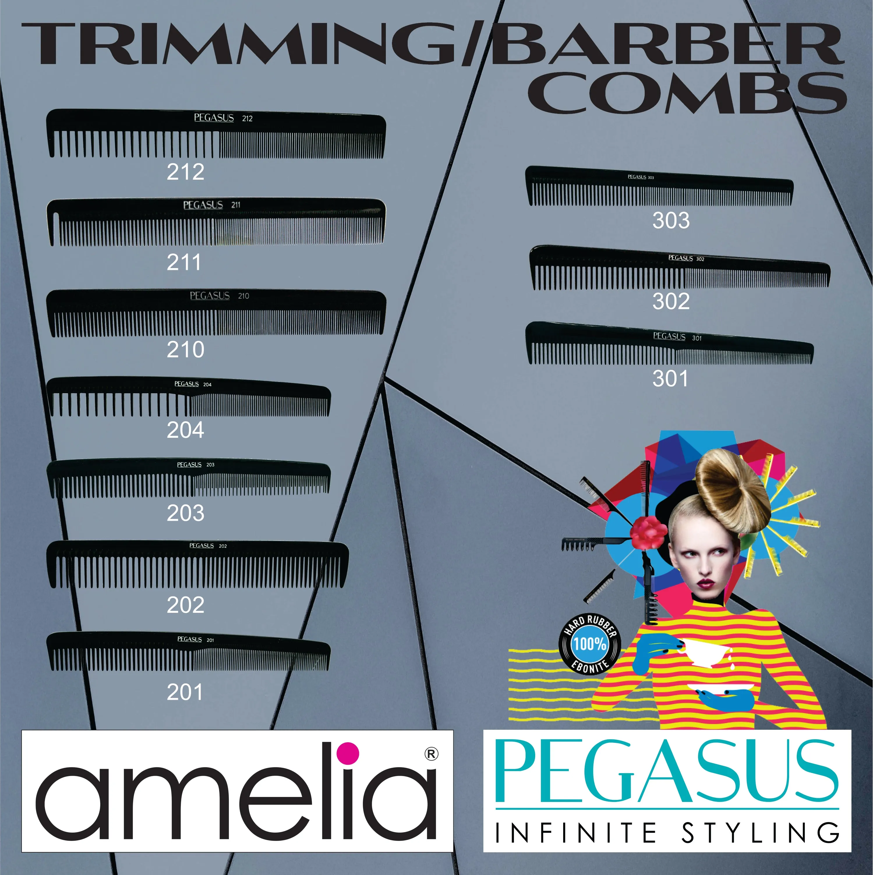 Pegasus 212, 8.25in Hard Rubber Styling Comb with Extra Course and Fine Teeth, Smooth Edges, Anti Static, Heat and Chemically Resistant, Wet Hair, Everyday Grooming Comb | Peines de goma dura - Black