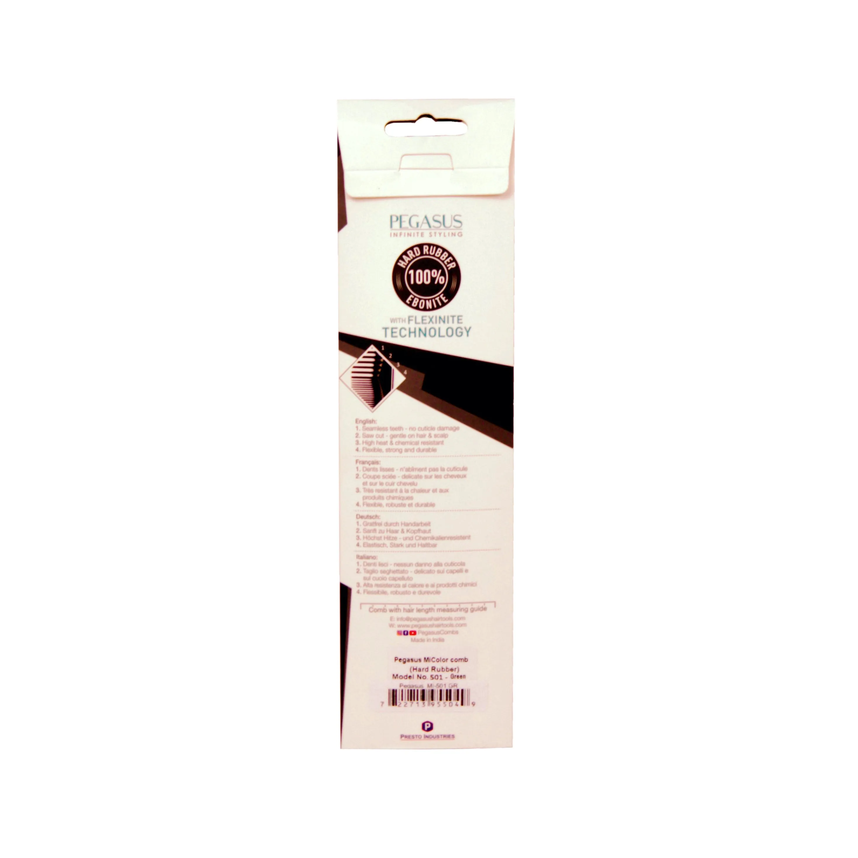 Pegasus MICOLOR 501, 9in Hard Rubber Handle Comb, Handmade, Seamless, Smooth Edges, Anti Static, Heat and Chemically Resistant, Wet Hair, Everyday Grooming Comb | Peines de goma dura - Green