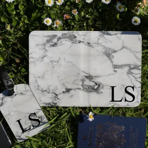 Personalised Passport Case & Tag with Grey Marble & Text - White