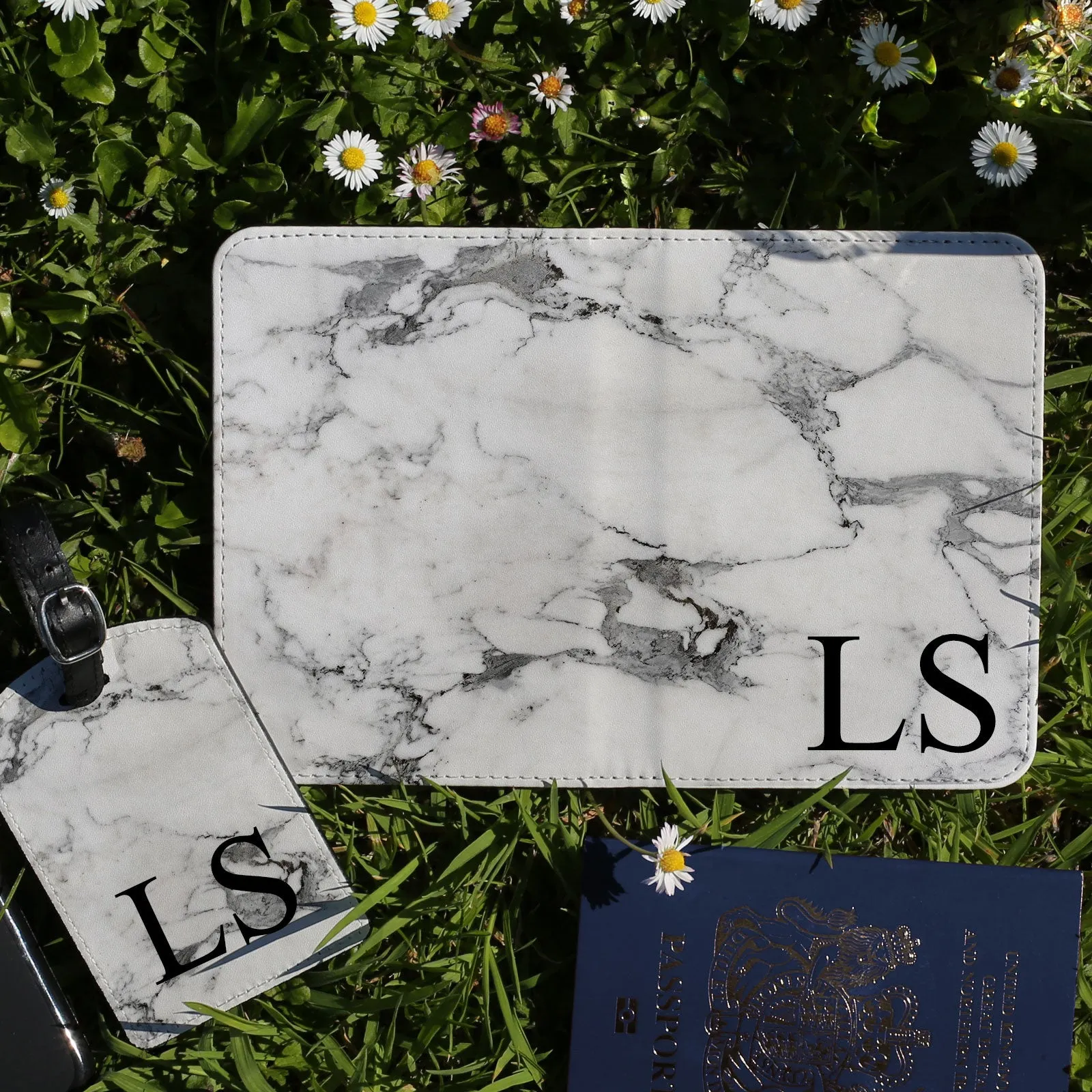 Personalised Passport Case & Tag with Grey Marble & Text - White