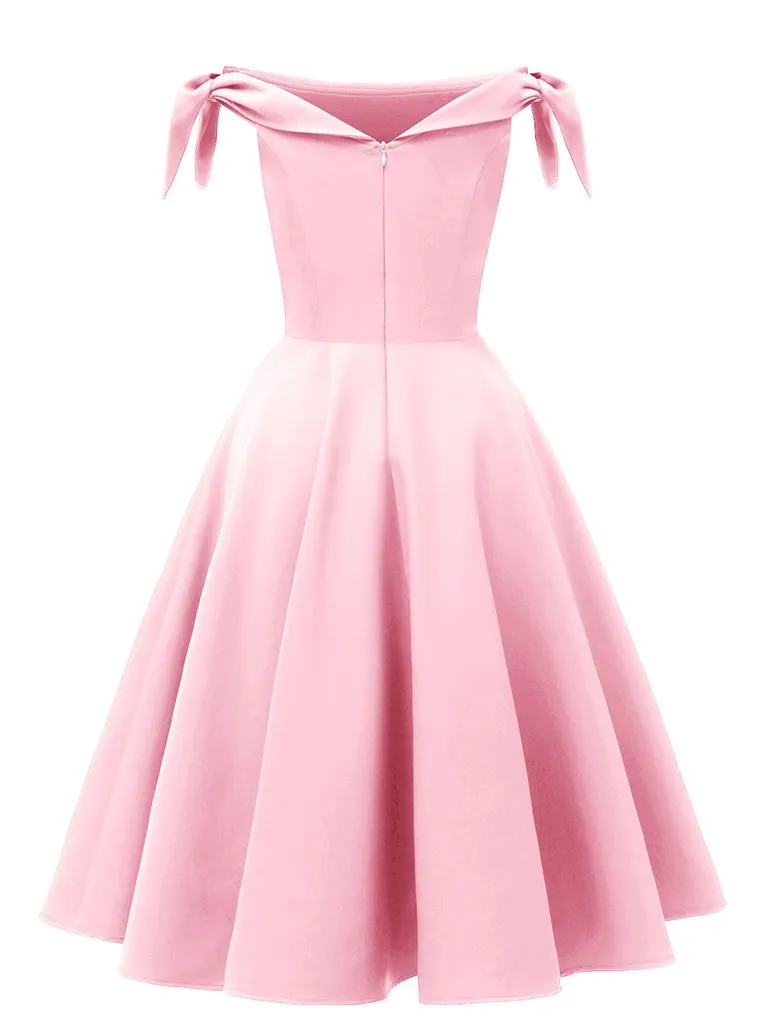 Pink High Waist 1950s Off Shoulder Bow Dress