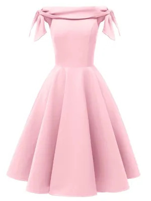 Pink High Waist 1950s Off Shoulder Bow Dress