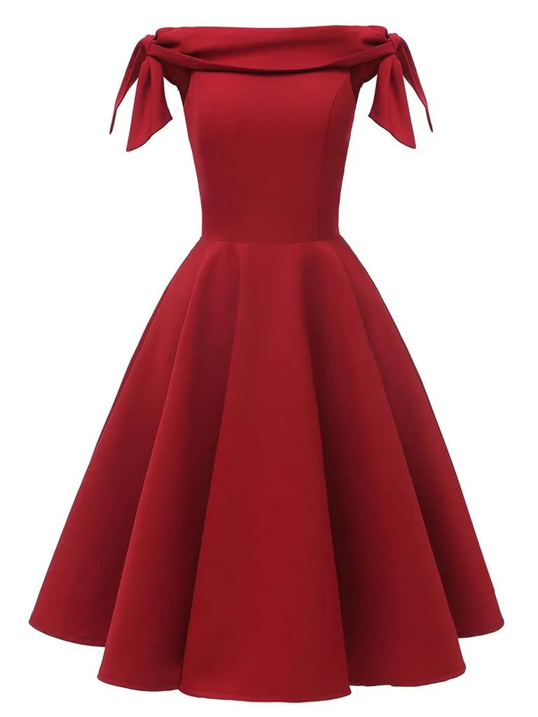 Pink High Waist 1950s Off Shoulder Bow Dress