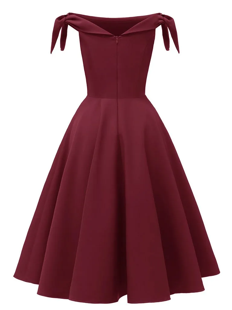 Pink High Waist 1950s Off Shoulder Bow Dress