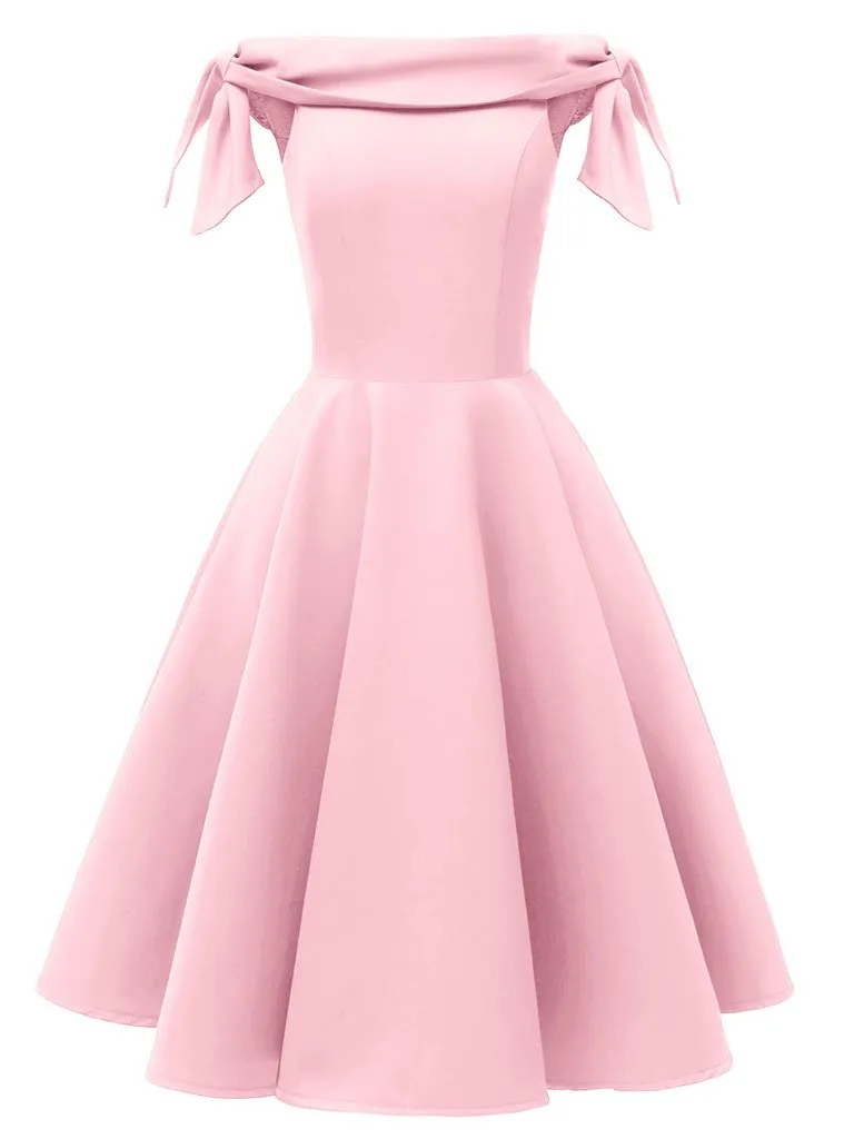 Pink High Waist 1950s Off Shoulder Bow Dress