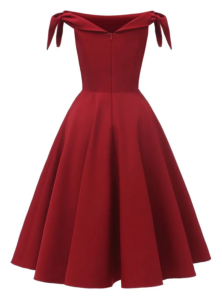 Pink High Waist 1950s Off Shoulder Bow Dress