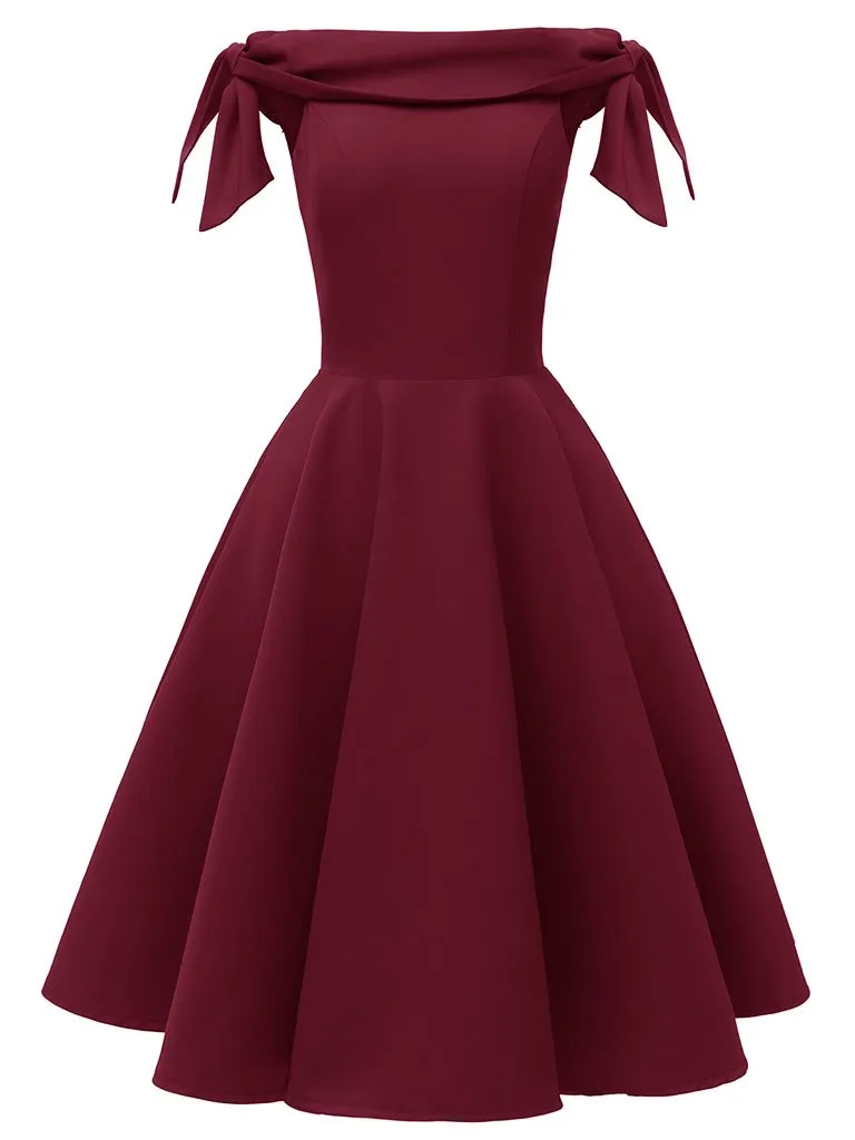 Pink High Waist 1950s Off Shoulder Bow Dress
