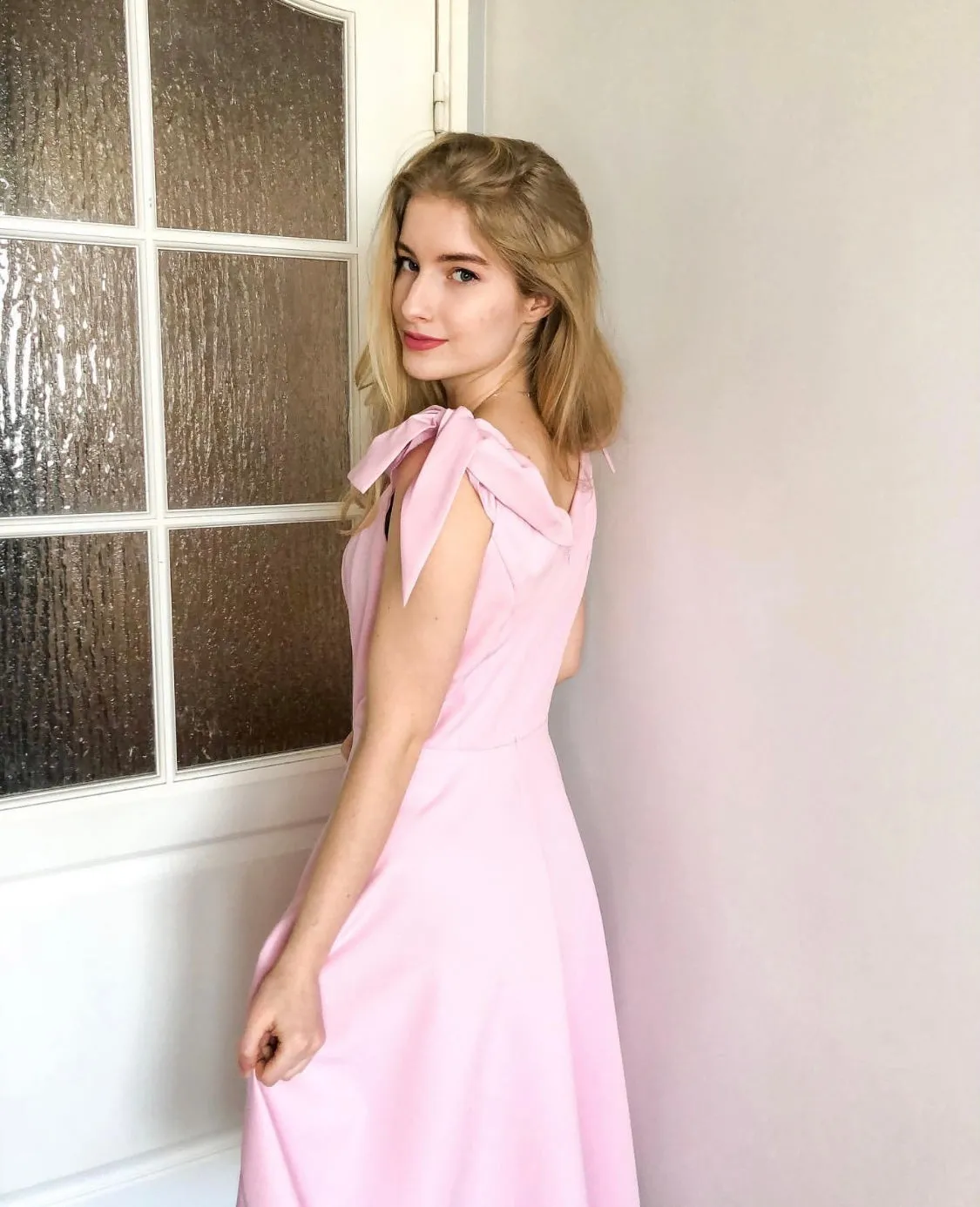 Pink High Waist 1950s Off Shoulder Bow Dress