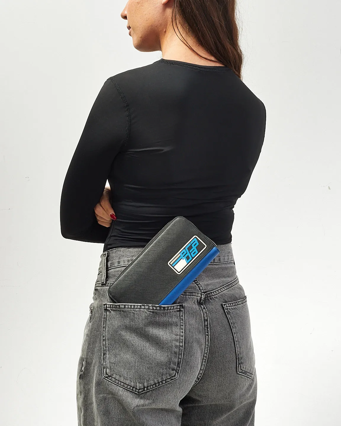 Prada Black & Blue Saffiano Leather Logo Patch Long Zip Wallet