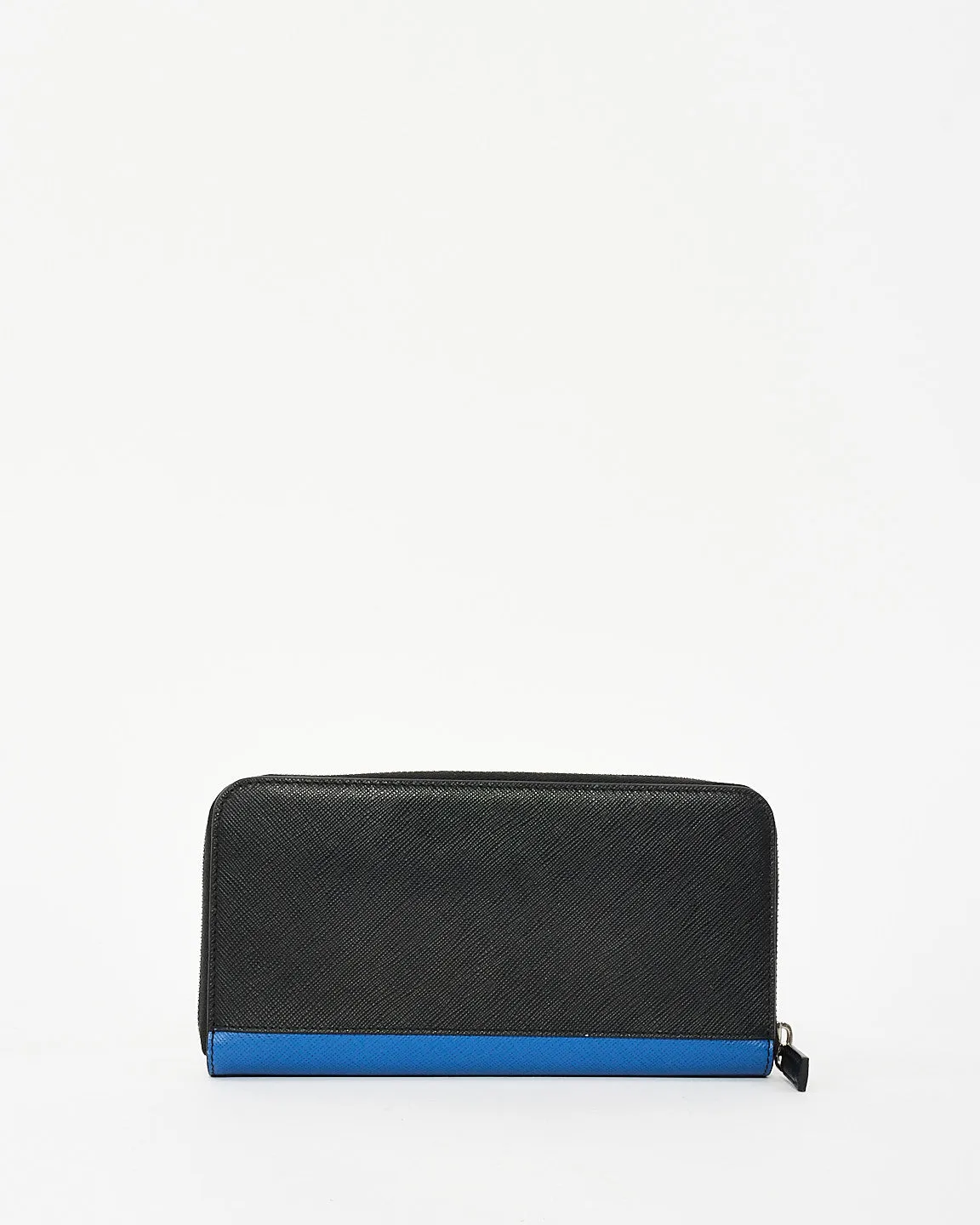 Prada Black & Blue Saffiano Leather Logo Patch Long Zip Wallet