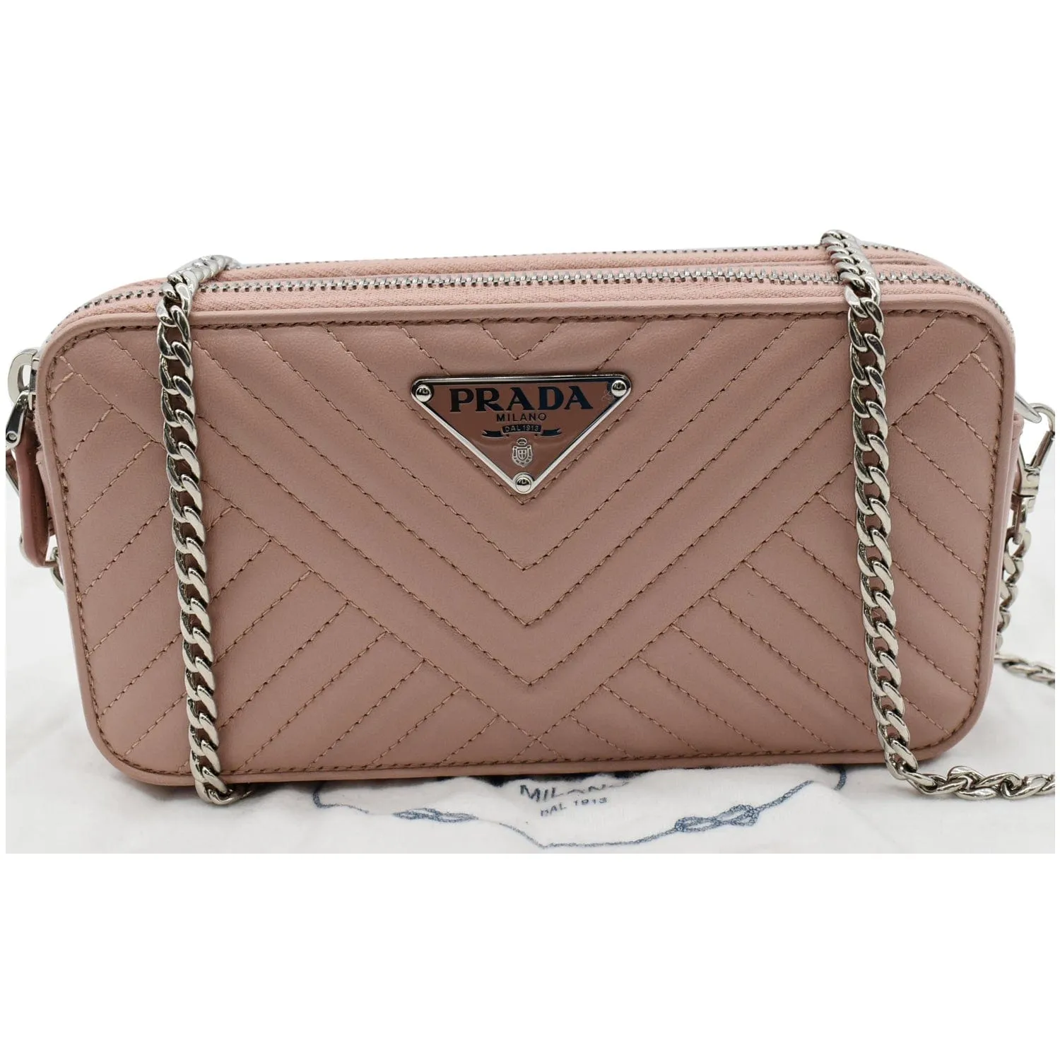 PRADA Nappa Mini Impunture Bandoliera Chain Leather Crossbody Bag Orchidea