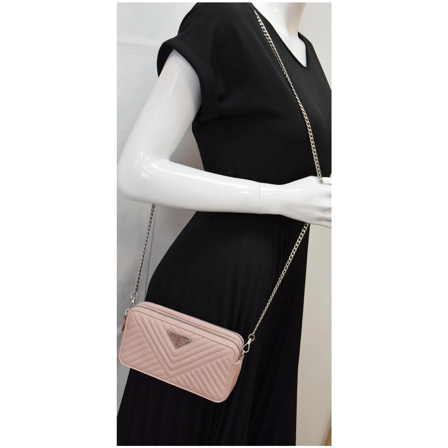 PRADA Nappa Mini Impunture Bandoliera Chain Leather Crossbody Bag Orchidea
