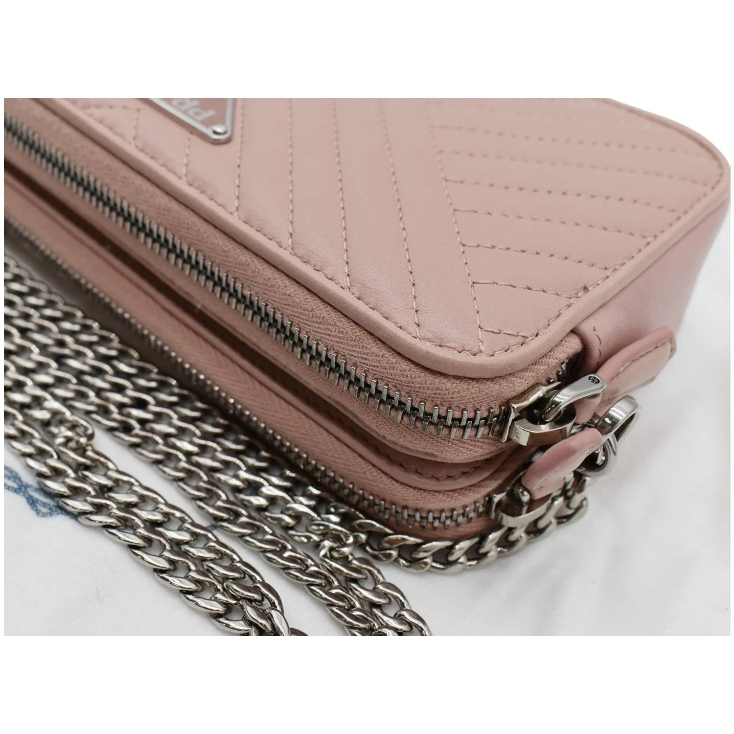 PRADA Nappa Mini Impunture Bandoliera Chain Leather Crossbody Bag Orchidea