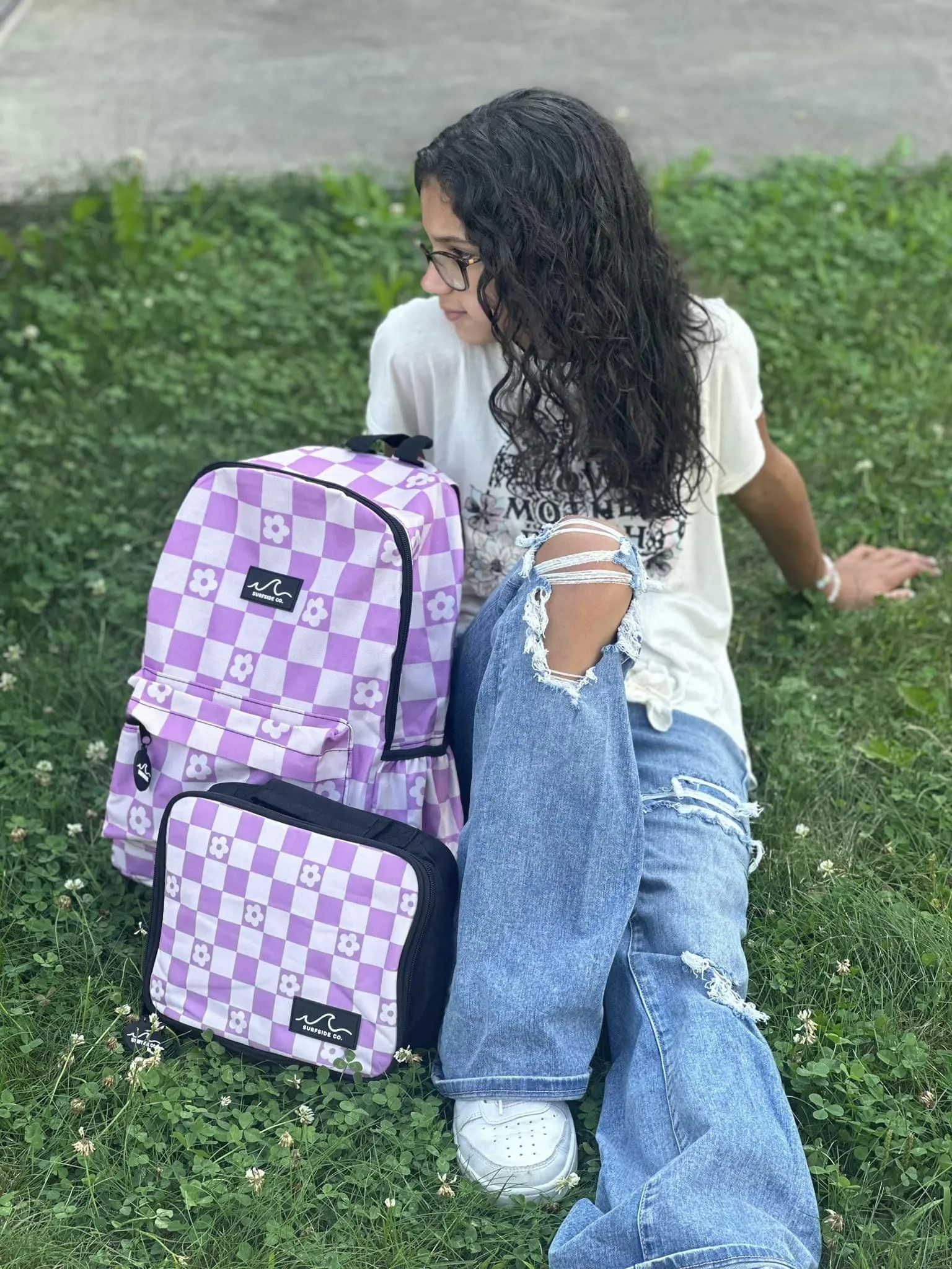 Purple Floral Check Backpack/Lunch Bag