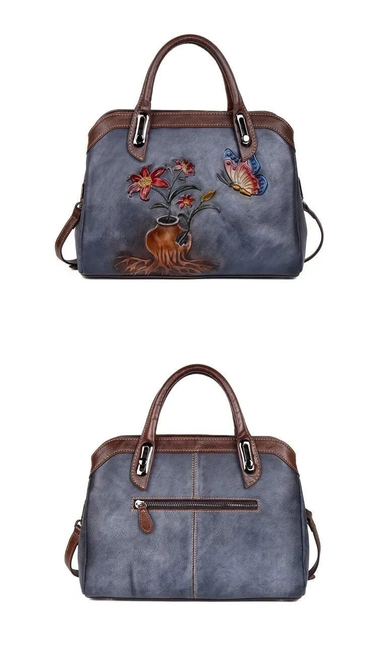 Queen Victoria Embossed Leather Satchel Shoulder Bag for Women, One Size