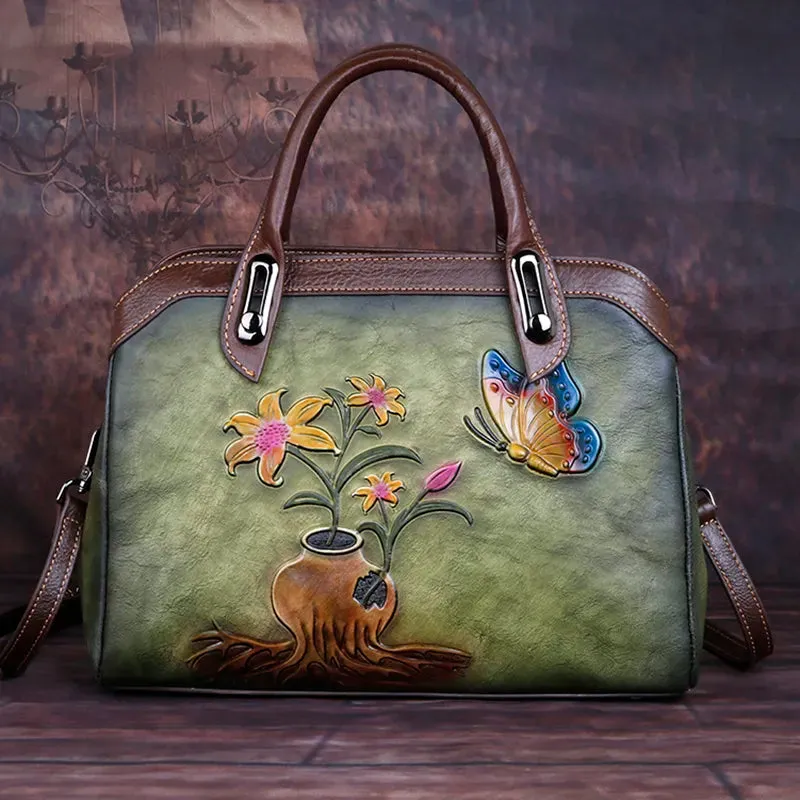 Queen Victoria Embossed Leather Satchel Shoulder Bag for Women, One Size