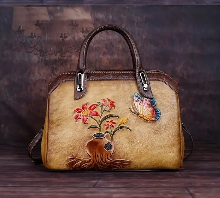 Queen Victoria Embossed Leather Satchel Shoulder Bag for Women, One Size