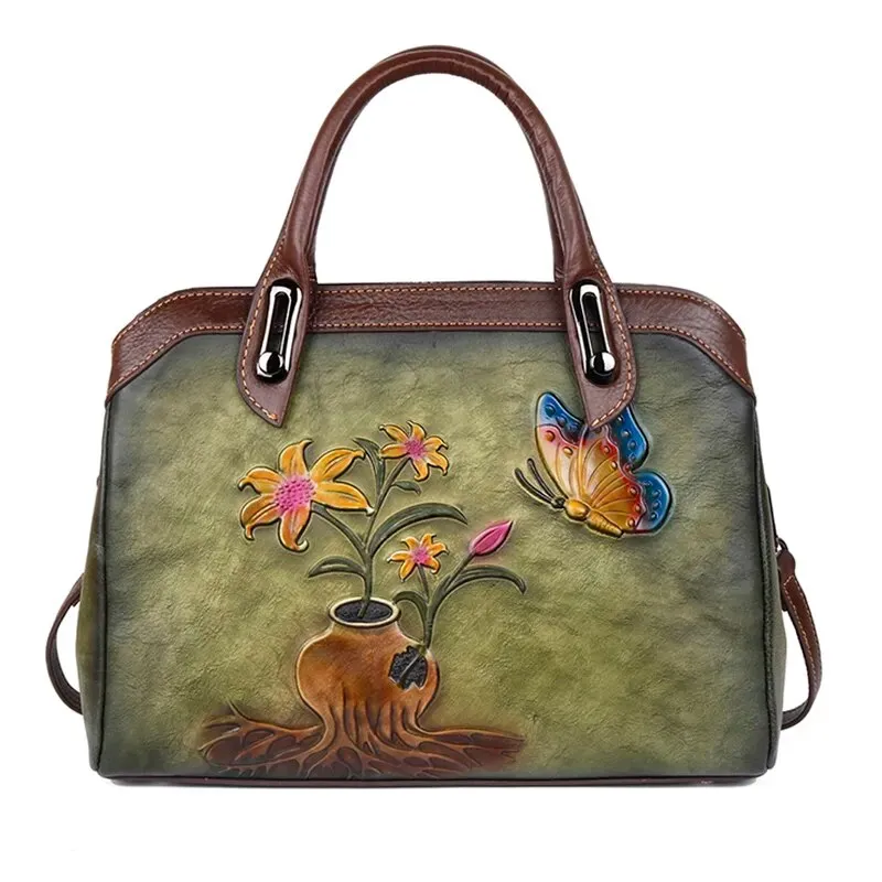Queen Victoria Embossed Leather Satchel Shoulder Bag for Women, One Size