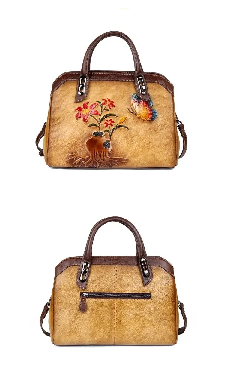 Queen Victoria Embossed Leather Satchel Shoulder Bag for Women, One Size