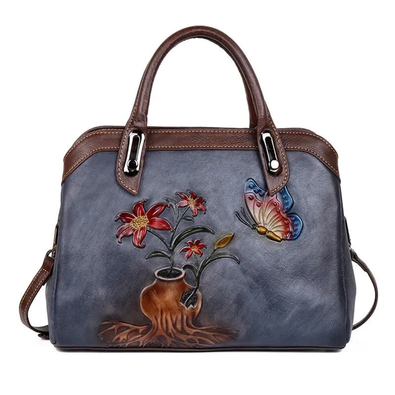 Queen Victoria Embossed Leather Satchel Shoulder Bag for Women, One Size