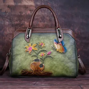 Queen Victoria Embossed Leather Satchel Shoulder Bag for Women, One Size