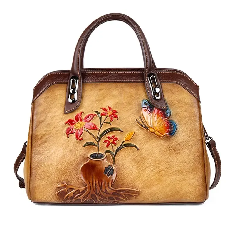 Queen Victoria Embossed Leather Satchel Shoulder Bag for Women, One Size