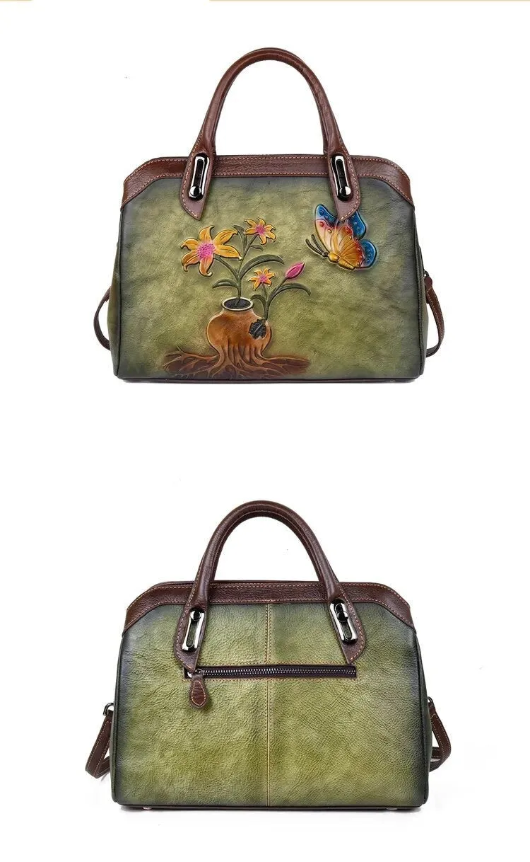 Queen Victoria Embossed Leather Satchel Shoulder Bag for Women, One Size