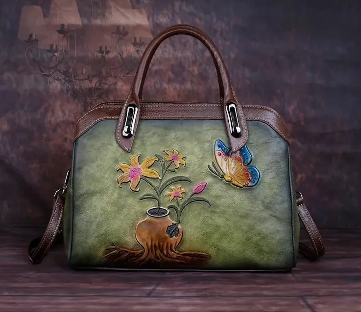 Queen Victoria Embossed Leather Satchel Shoulder Bag for Women, One Size