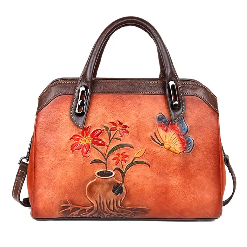 Queen Victoria Embossed Leather Satchel Shoulder Bag for Women, One Size