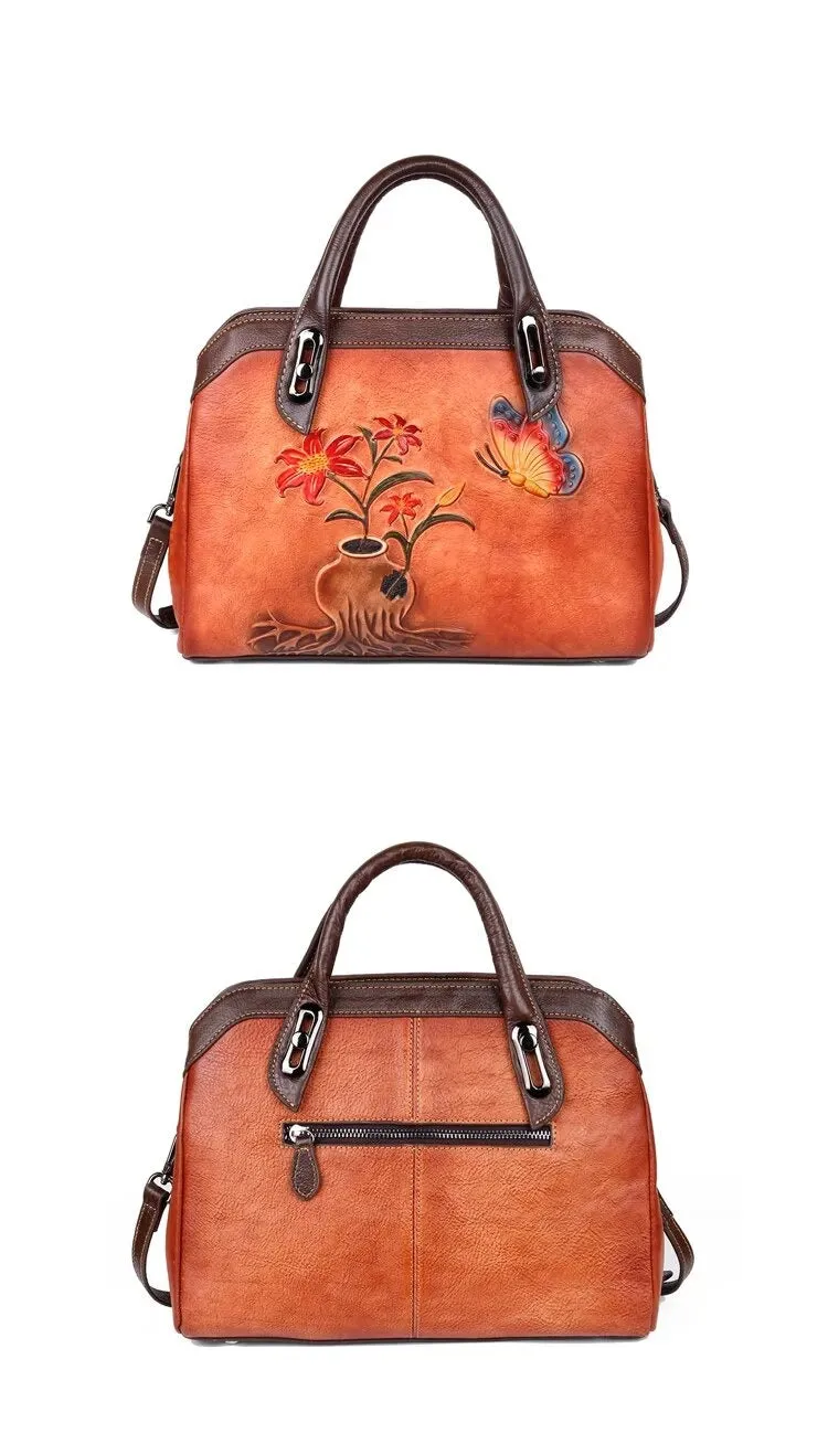 Queen Victoria Embossed Leather Satchel Shoulder Bag for Women, One Size