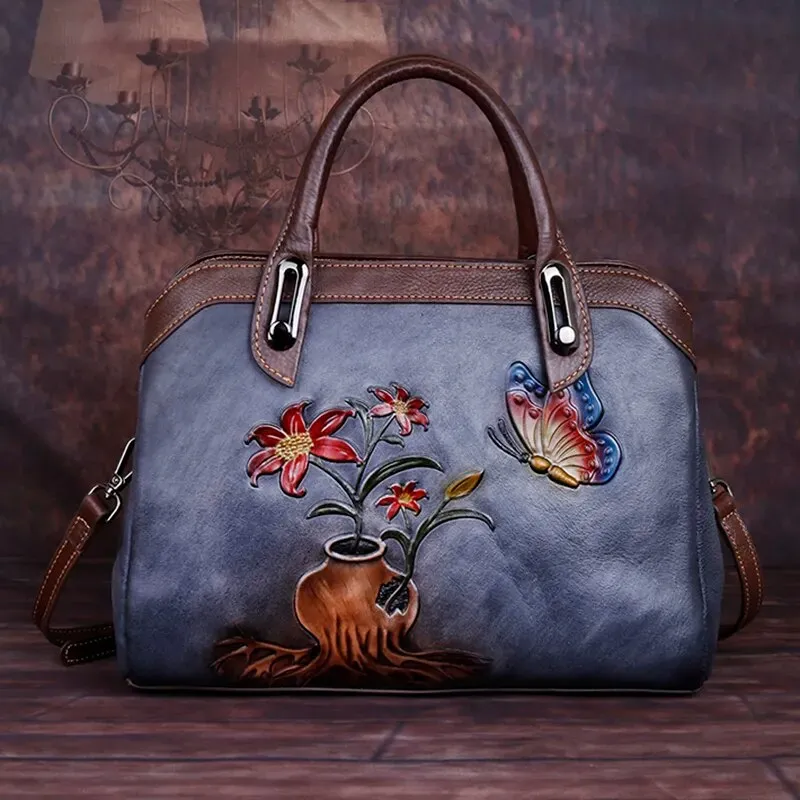 Queen Victoria Embossed Leather Satchel Shoulder Bag for Women, One Size