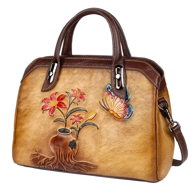 Queen Victoria Embossed Leather Satchel Shoulder Bag for Women, One Size