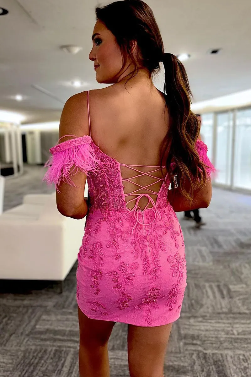 Queenie |Sheath Off the Shoulder Pink Lace Homecoming Dress
