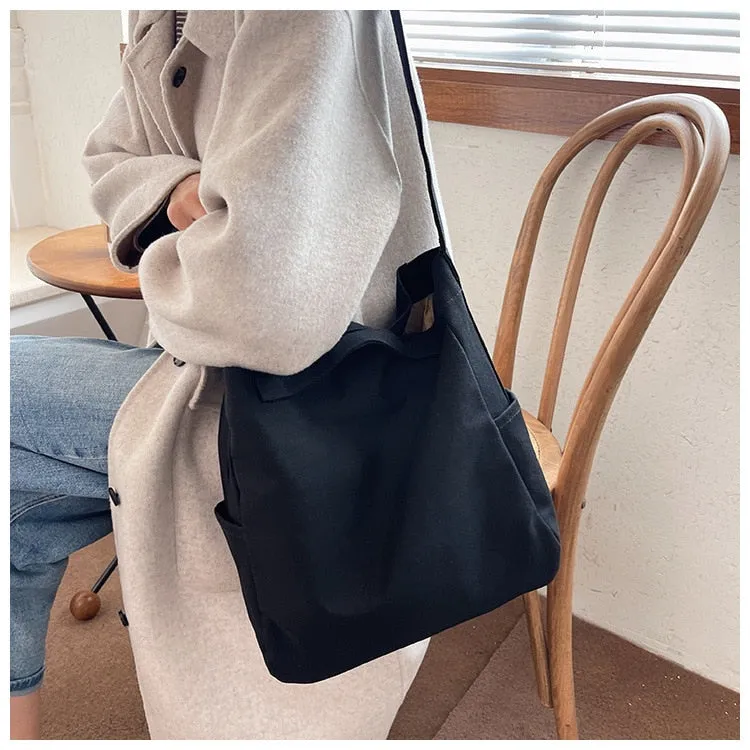 Realaiot Casual Women Shoulder Bag Canvas Large Capacity Tote Handbags Solid Crossbody Bags Canvas Purse Bag Female Messenger Bags