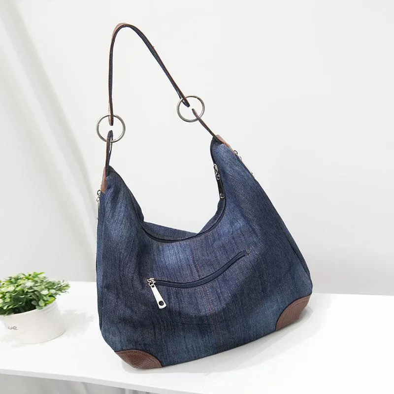 Realaiot Women Denim Tote Bag Casual Canvas Jean Large Capacity Top Handle Bag One Shoulder Bags